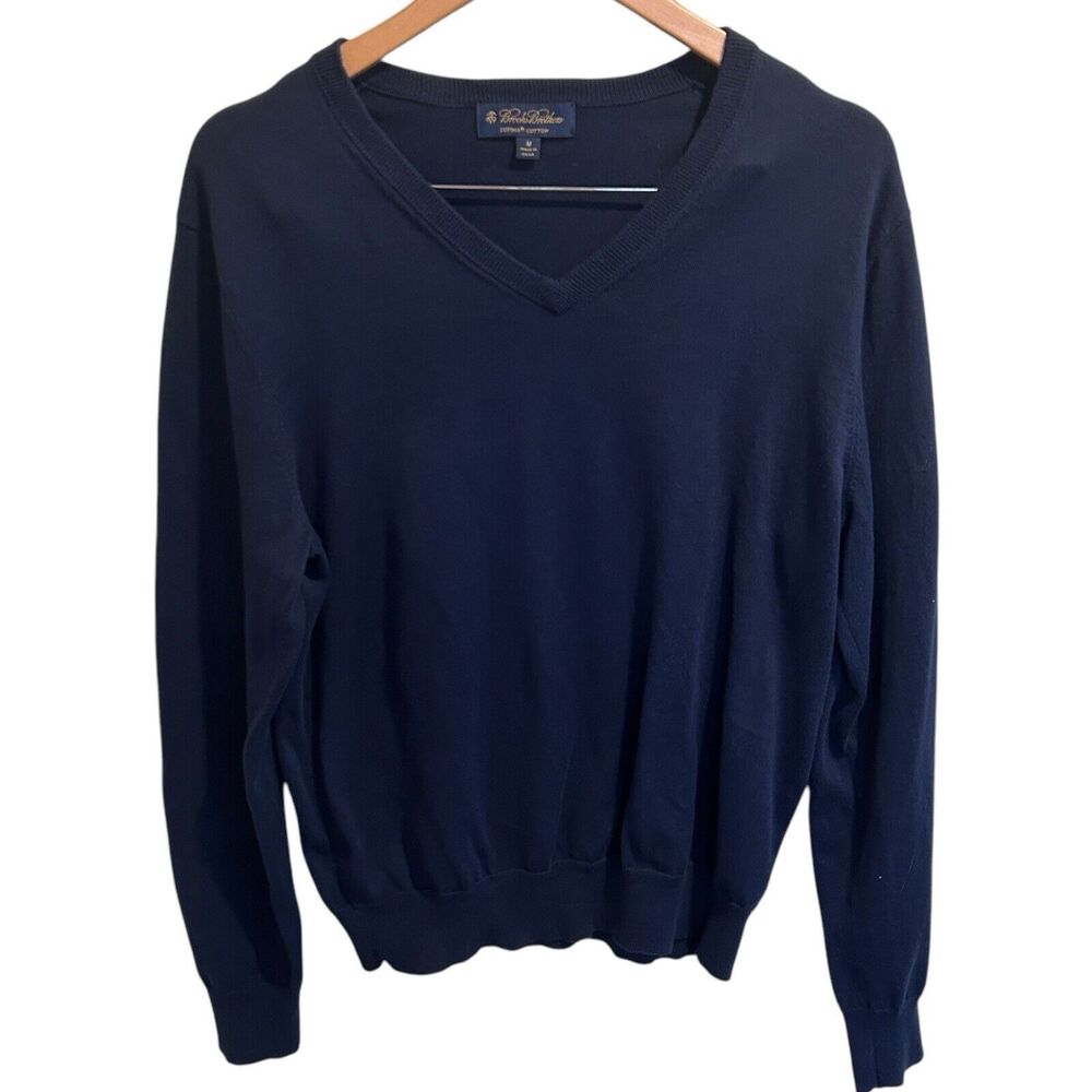 Brooks Brothers Navy Blue Pullover V-Neck Sweater SIze Medium 100% Supina Cotton